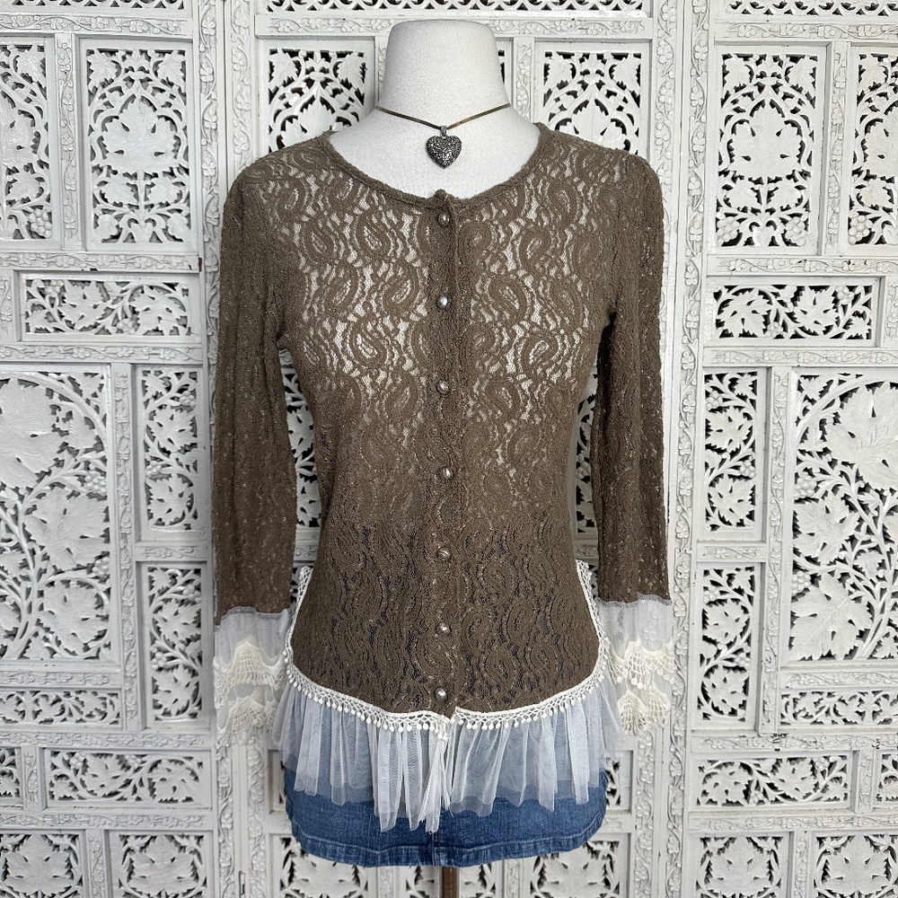 A'Reve Brown & Ivory Lace Coquette Boho Sheer Ruffle Long Sleeve Blouse Sz Small